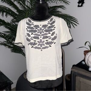 Madewell Ivory and Black Leaf Embroidered Silk Blouse XS